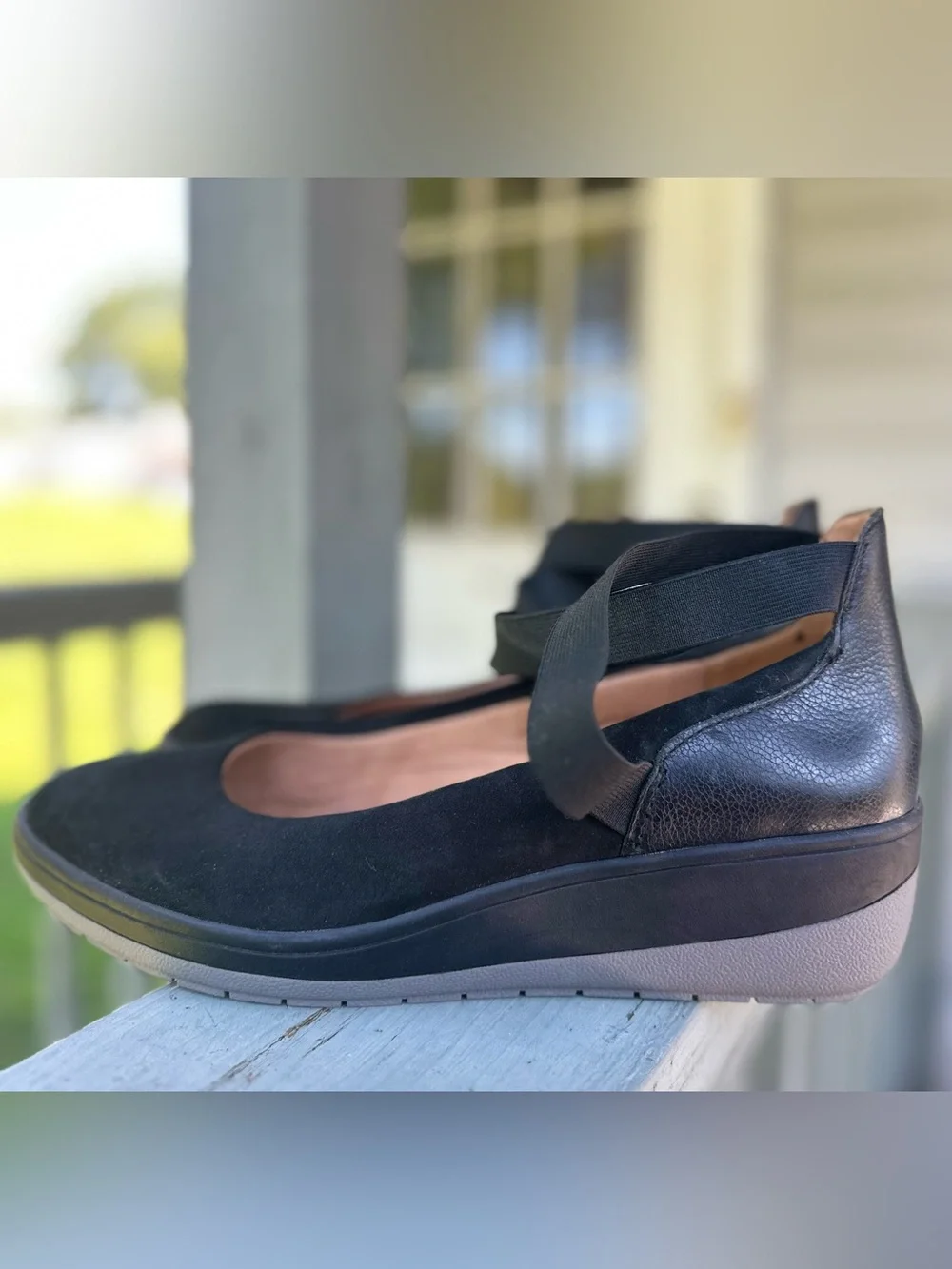 VIONIC 11 Ellery Ankle Strap Up Black Nubuck Leather Wedge